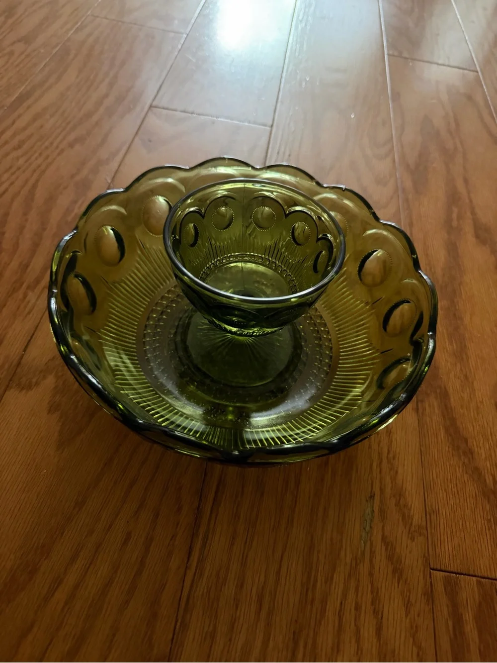 Vintage Olive Green Glass Chip & Dip Bowl Set Scallop Dotted Kitchen Home Decor